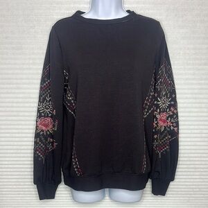 Knox Rose Black and Pink Crew Neck Sweater with Embroidered Sleeves